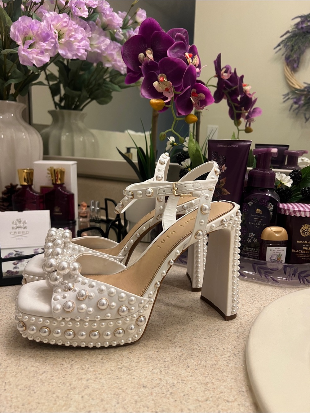 Gianni Bini White Pearl-Studded Platform Heels